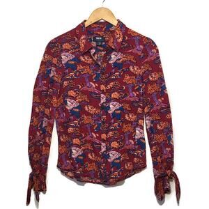 Anthropologie Maeve Bird Print Button Down Shirt Ruffle Tie Cuff  Boho Blouse 4